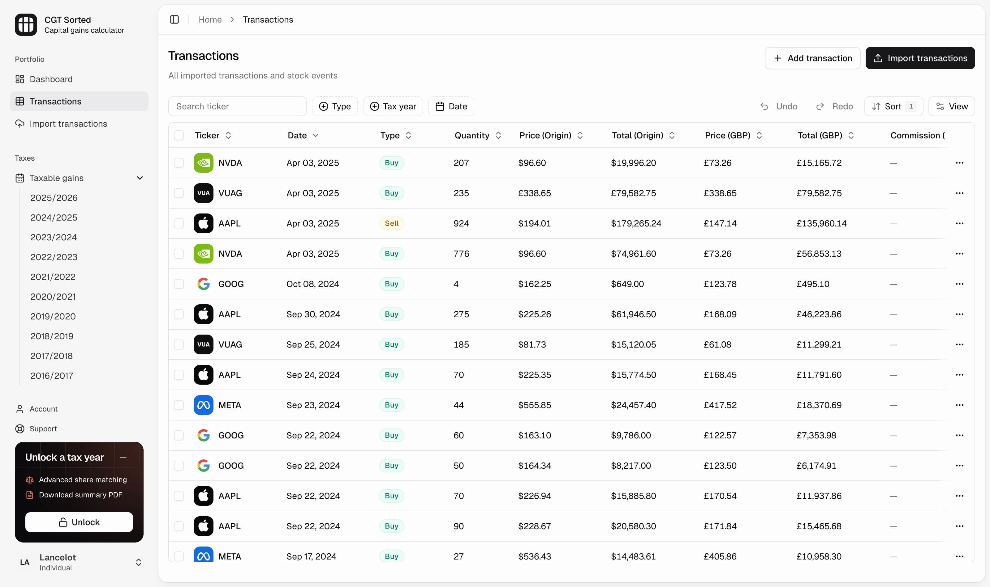 Product screenshot showing transactions inside CGT Sorted